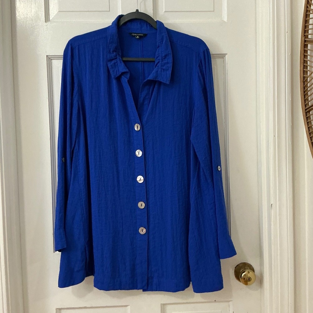 John Mark Cobalt Blue Tunic Shirt M Artsy Boho Coastal Lagenlook Career Relaxed